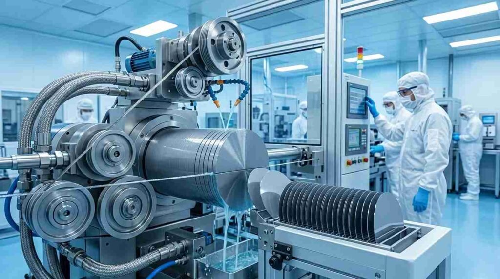How to Make a Solar Panel Plate – Complete Guide 2 Silicon ingot being sliced into thin wafers for solar panel manufacturing