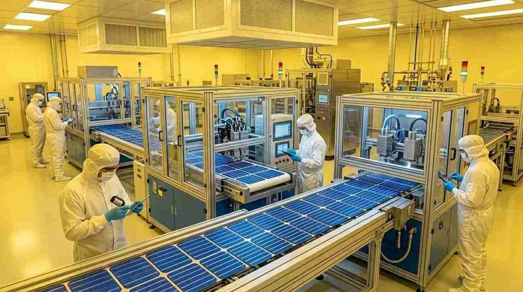 How to Make a Solar Panel Plate – Complete Guide 3 Solar cell production line showing blue cells with grid lines moving on conveyor belt