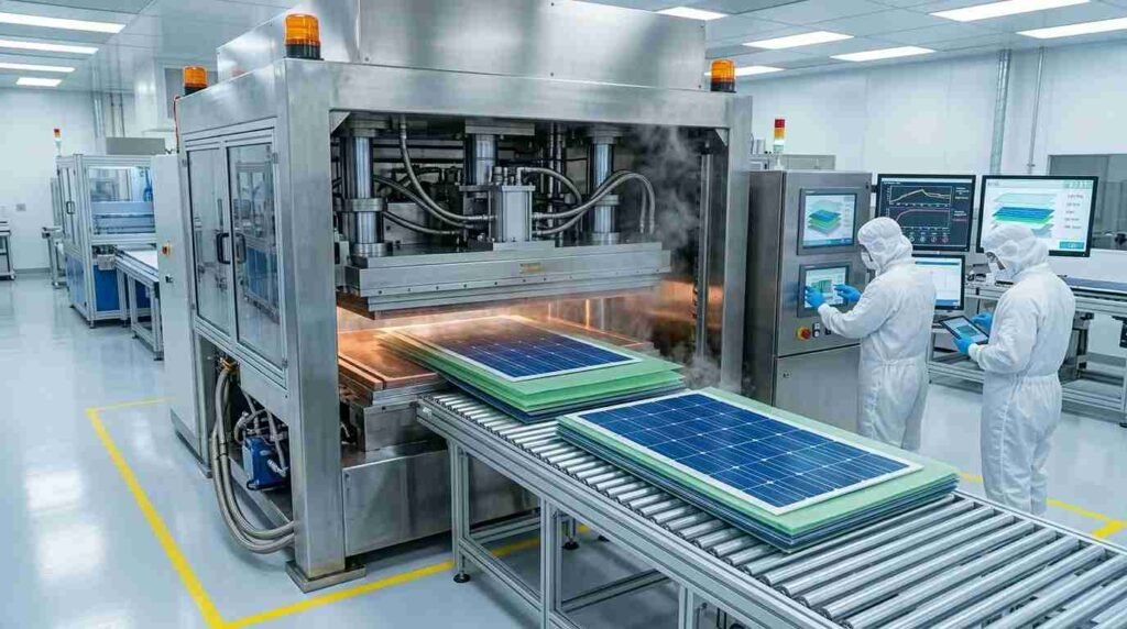 How to Make a Solar Panel Plate – Complete Guide 6 Solar panel laminator machine applying heat and pressure to seal panel layers