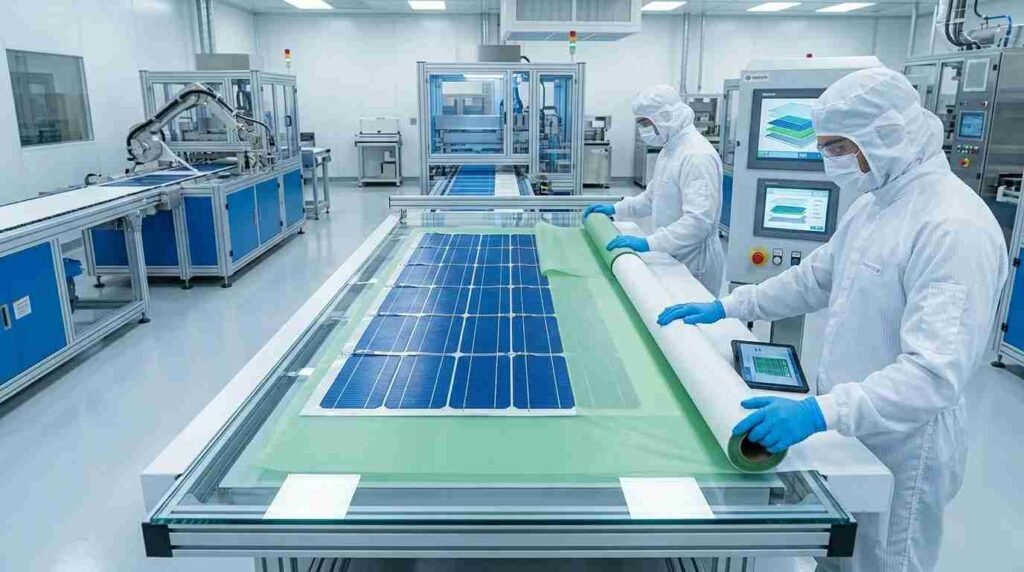 How to Make a Solar Panel Plate – Complete Guide 5 Lay-up process showing glass EVA solar cells and backsheet layers being stacked