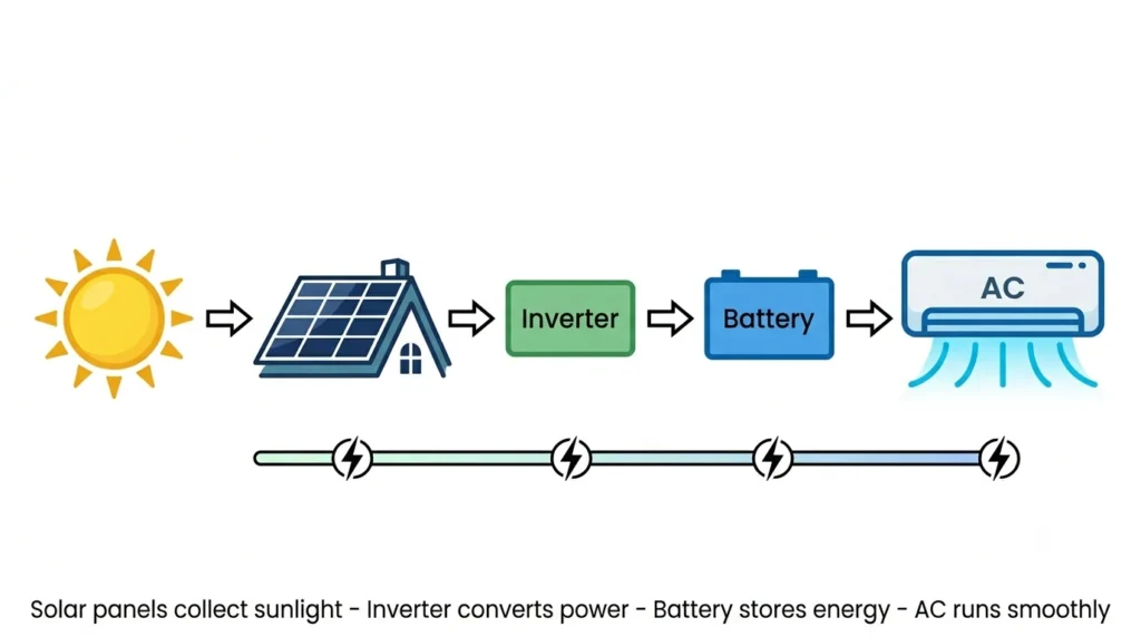 Solar system diagram showing how panels inverter battery and AC work together