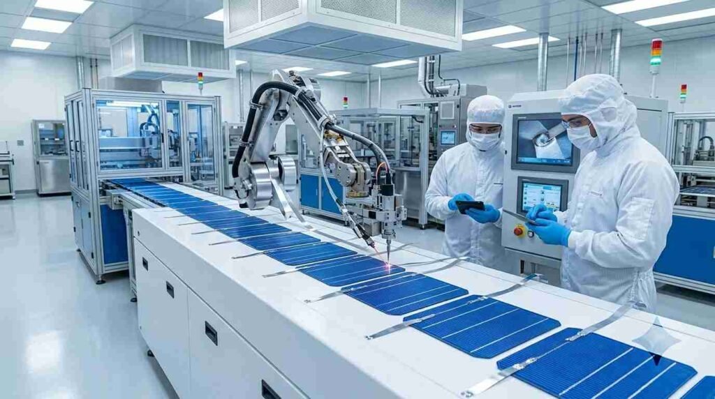 How to Make a Solar Panel Plate – Complete Guide 4 Tabbing and stringing process showing silver ribbons soldered onto solar cells