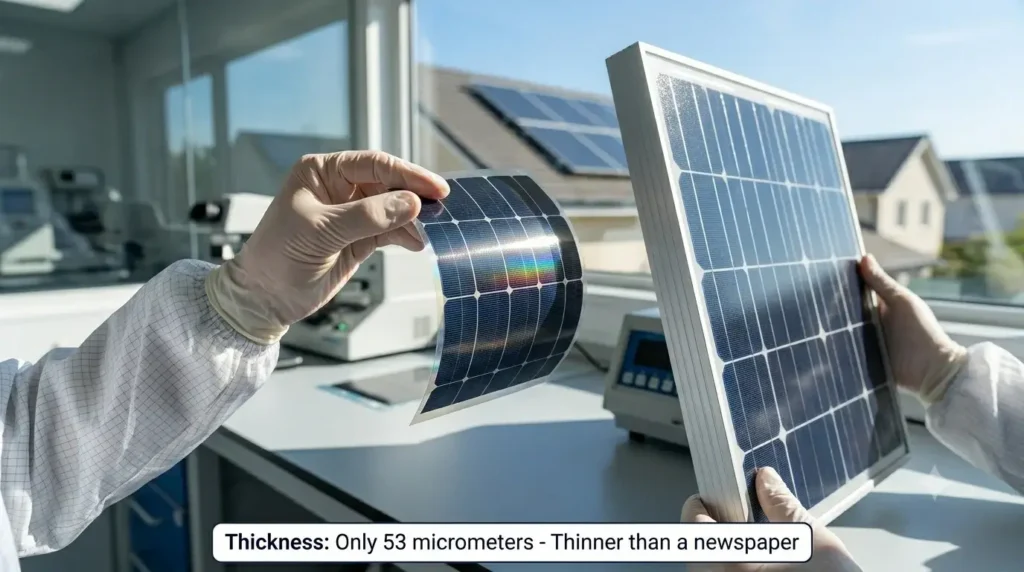 Japan Prints Ultra Thin Solar Cells Like Newspaper for Low-Cost Clean Energy Worldwide 3 Ultra thin flexible printed solar cell being held in hand showing 53 micrometer thickness compared to traditional panel