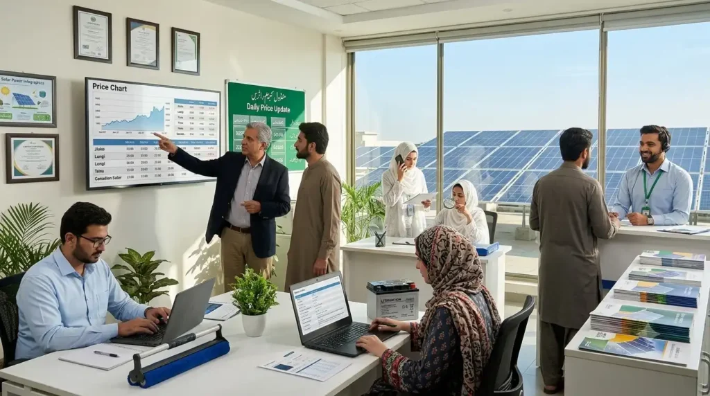 Realistic office photo of six Pakistani solar energy team members working with customers, laptops, lithium battery, and solar panel price charts displayed on screen with rooftop solar panels visible through window
our team