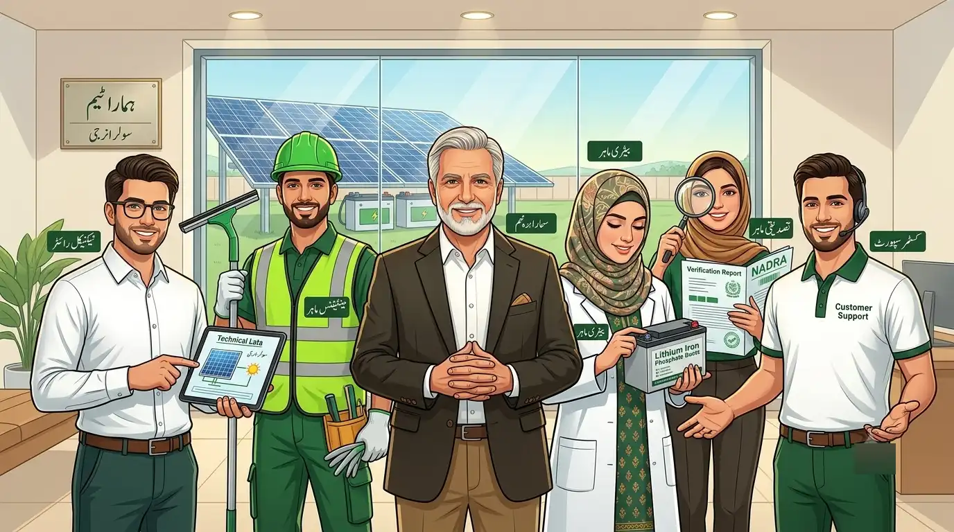 Professional team illustration of six Pakistani solar energy experts including founder, technical writer, battery specialist, maintenance expert, verification specialist, and customer support manager standing in modern office with solar panels visible in background