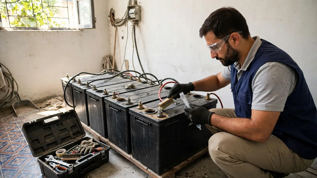 Solar battery maintenance check Checking electrolyte level and terminals during solar battery maintenance