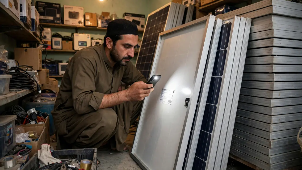 Astronergy Solar Panels in Pakistan: Complete Brand Guide (2026) 3 Man checking a solar panel's back label and serial number at a dealer's shop