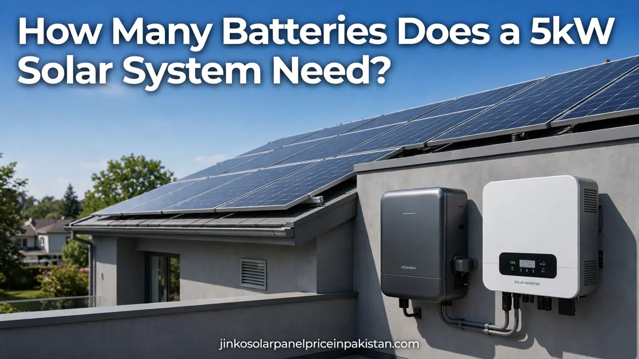 Batteries needed for 5kW solar system — home battery unit and inverter beside rooftop solar panels