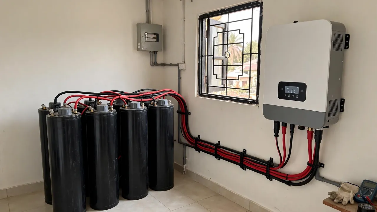 How Many Batteries Do You Need for a Solar System in Pakistan? 2 Tubular battery bank wired to a hybrid inverter in a home solar installation