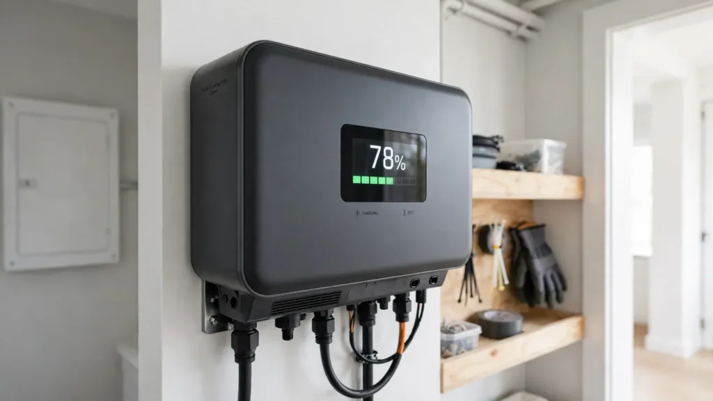 Battery Depth of Discharge (DoD) Explained for Solar Systems 2 Wall-mounted lithium solar battery display showing its state-of-charge level