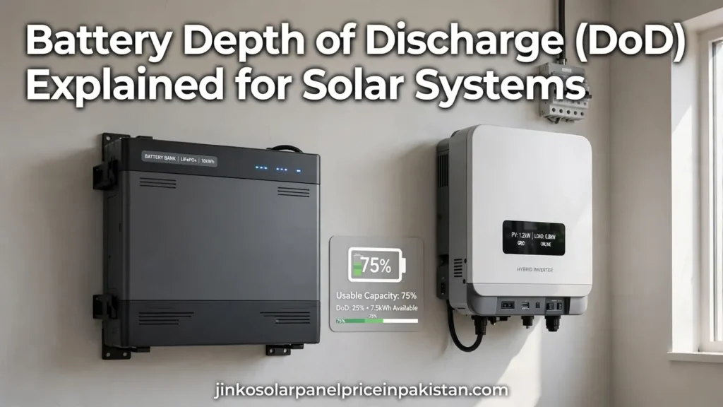 Battery depth of discharge solar explained — home solar battery bank and hybrid inverter with a usable capacity gauge