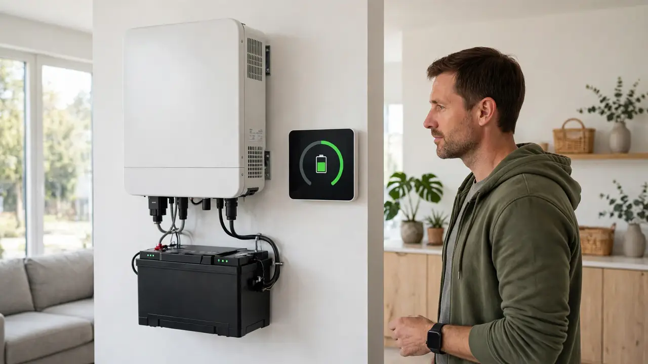 Homeowner checking a battery monitoring display while planning backup loads