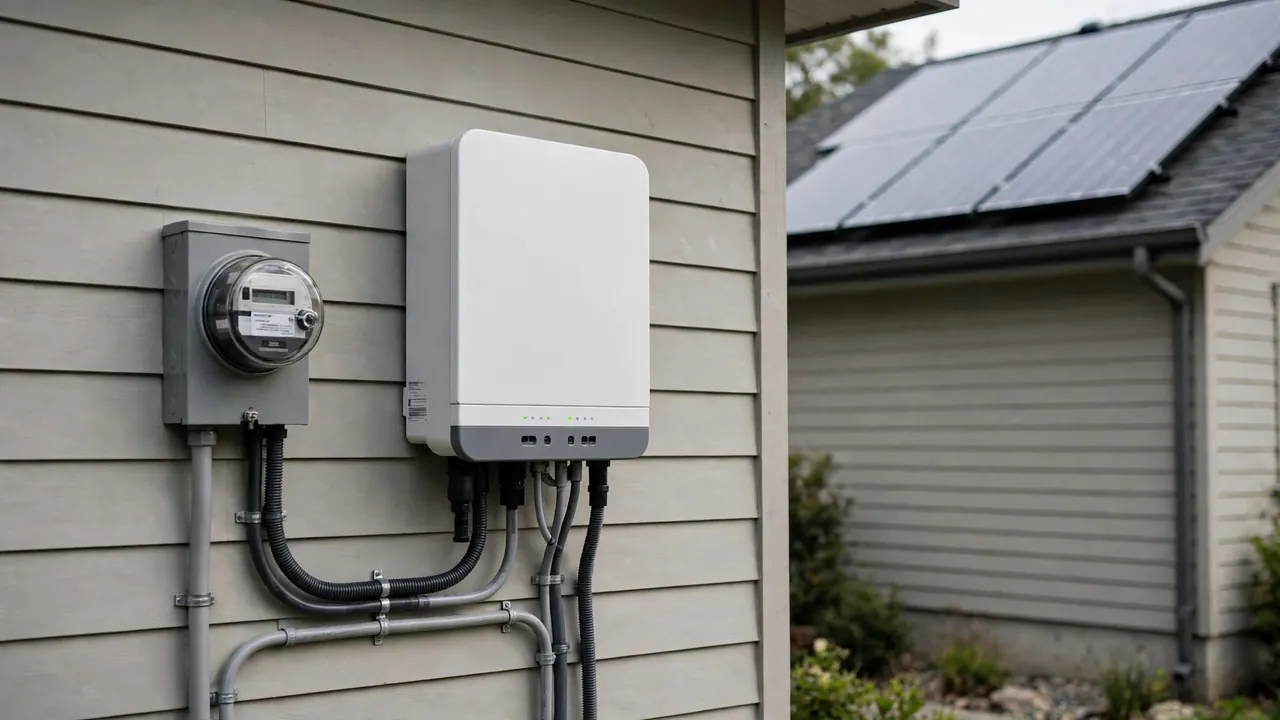 Central string inverter mounted on a house wall beside the electricity meter