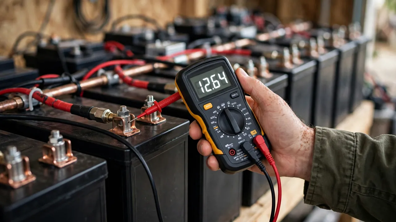 How Many Batteries Do You Need for a Solar System in Pakistan? 3 Checking battery terminal voltage with a multimeter during a solar battery bank inspection