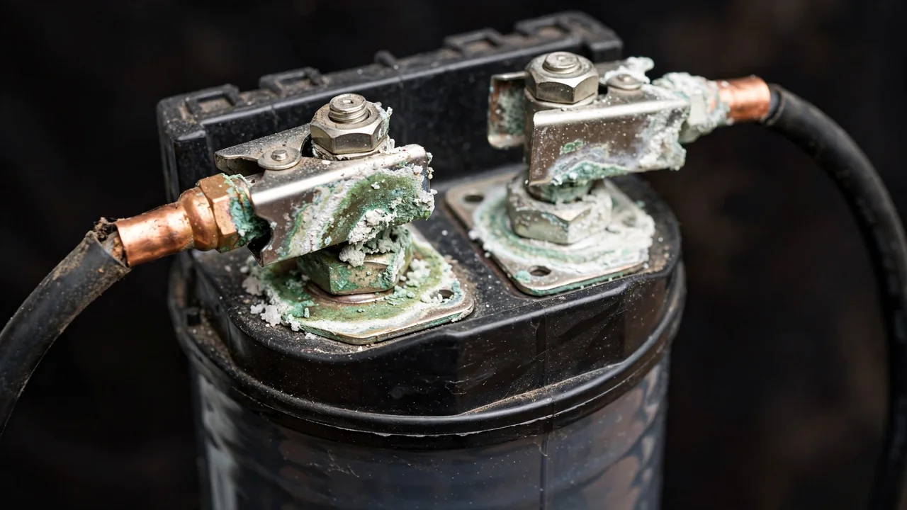 7 Signs Your Solar Battery Needs Replacement 2 Heavily corroded battery terminals with white and green buildup on a solar battery