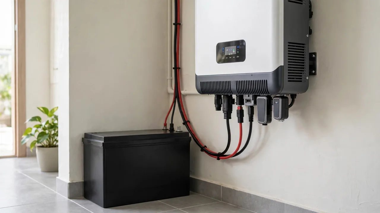Sealed dry AGM battery with solar inverter Sealed dry AGM battery installed beside a solar inverter in a home setup