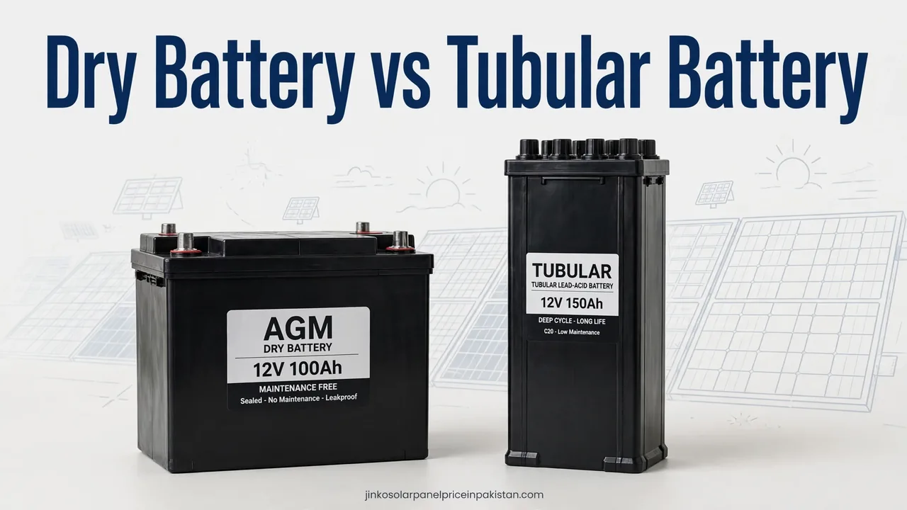 Dry Battery vs Tubular Battery for Solar: Key Differences 1 Dry battery vs tubular battery solar comparison: a sealed dry battery beside a tall tubular battery for home solar systems