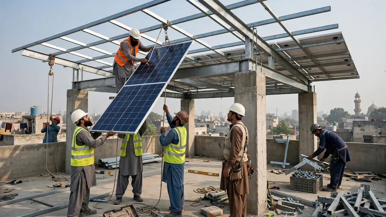 Solar Panel Mounting Structures (Stands) in Pakistan: Types, Installation & Buying Guide (2026) 3 Workers installing an elevated galvanized steel solar mounting structure with concrete pillars on a rooftop