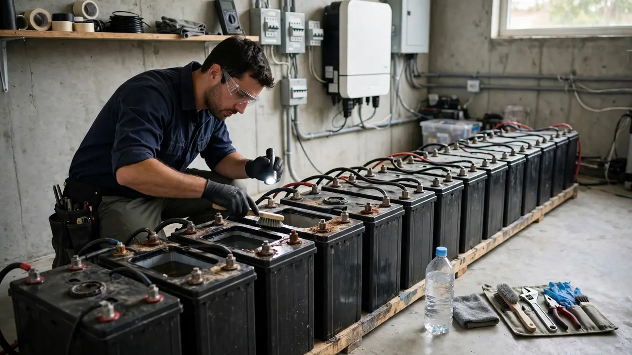Solar battery maintenance check Checking battery water level and terminals during solar battery maintenance