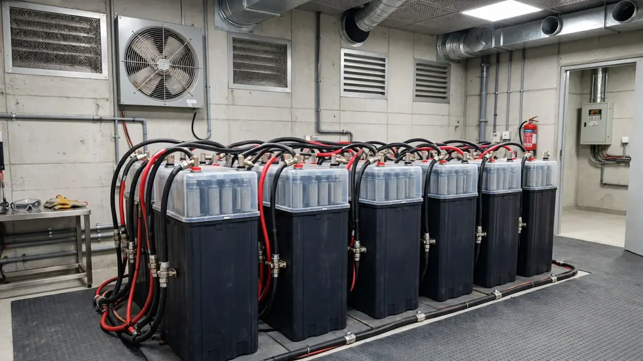 Tall tubular battery bank for solar Tall tubular battery bank connected with heavy cables for a solar power system