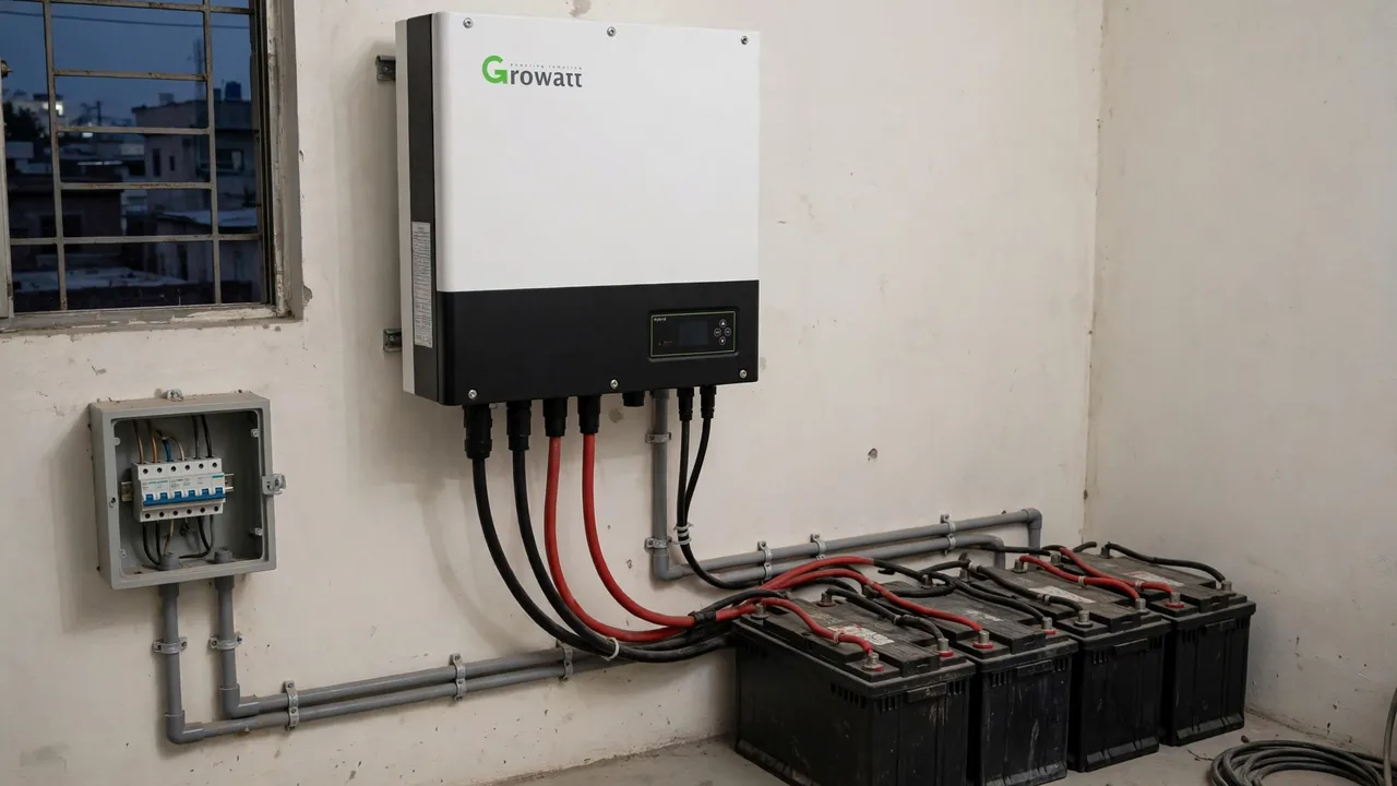 Growatt hybrid solar inverter connected to a solar battery bank for backup power during load shedding in Pakistan