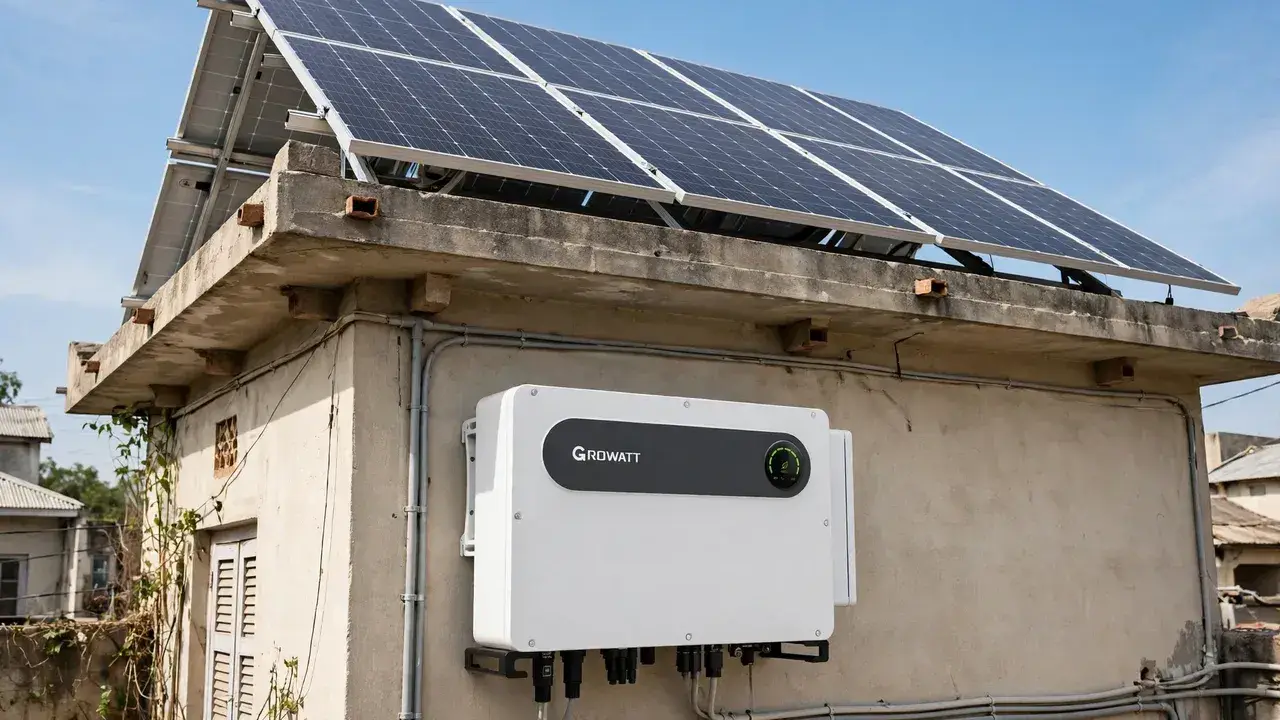 Growatt on-grid string inverter installed under a rooftop solar panel array for net metering in Pakistan