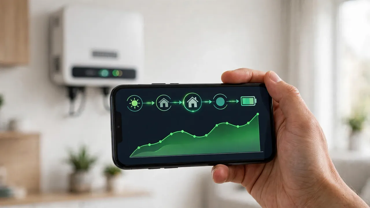 Smartphone showing the Huawei FusionSolar app monitoring solar energy production with an inverter in the background