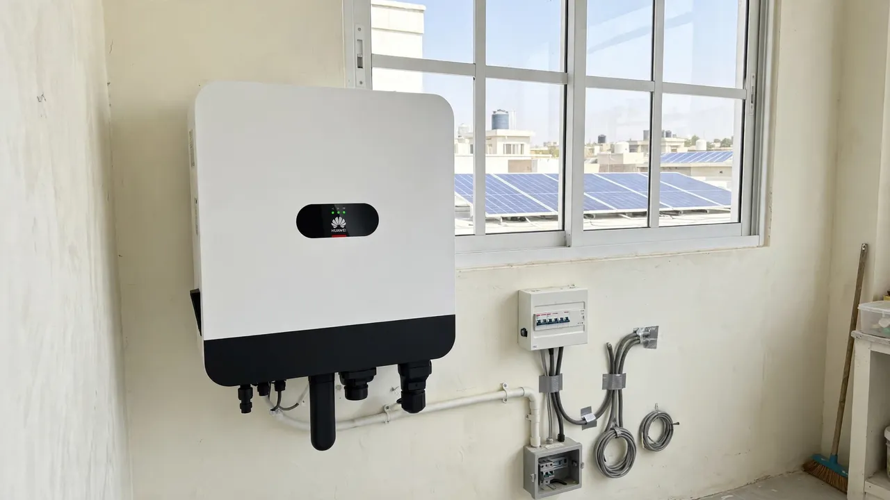 Huawei SUN2000 single-phase hybrid inverter installed on a home wall beneath rooftop solar panels