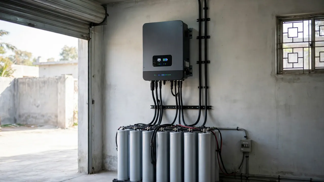 Hybrid solar inverter connected to a bank of tubular batteries for backup power