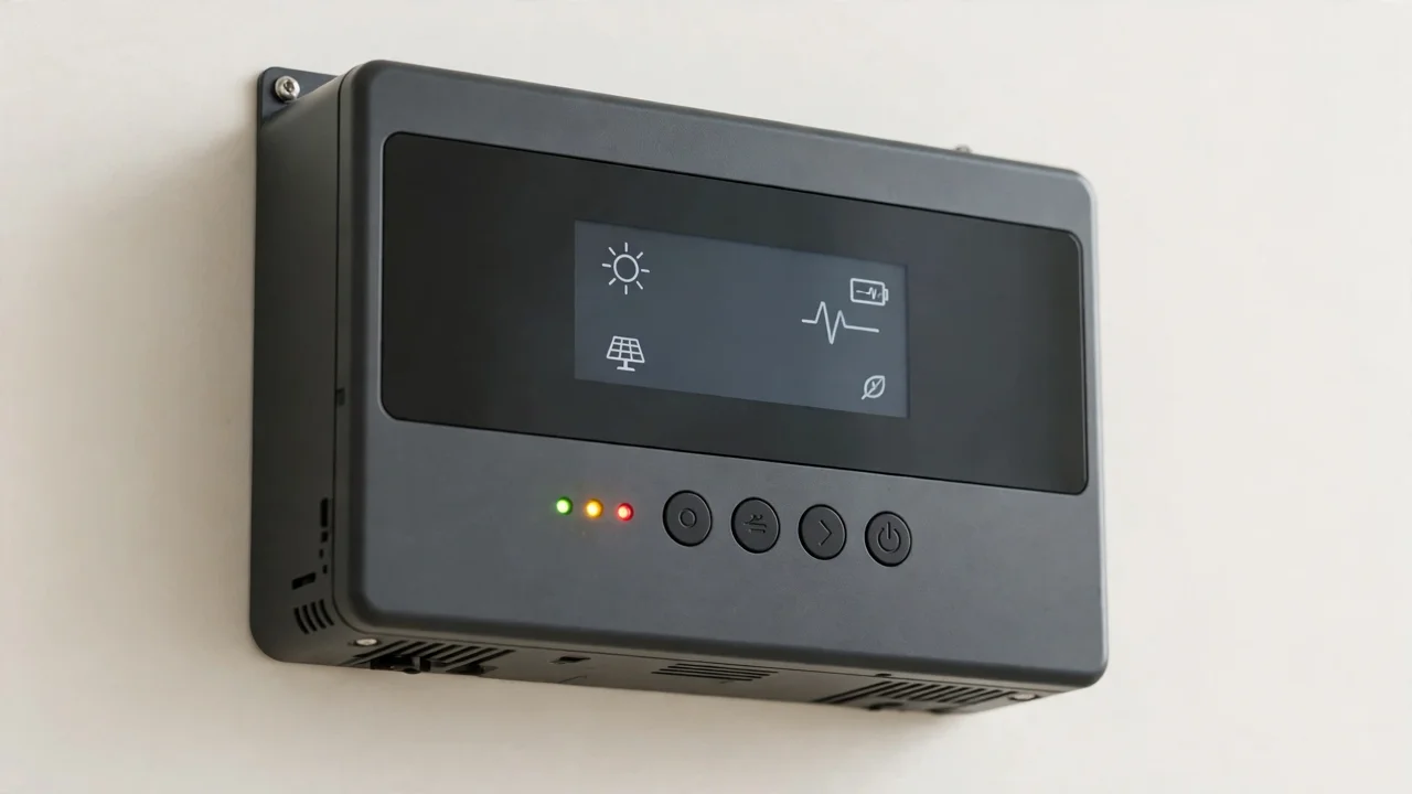 Hybrid inverter display panel with control buttons and indicator lights