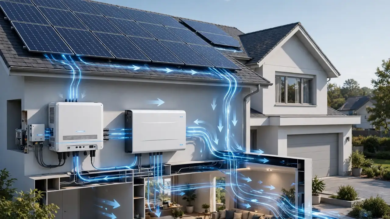 Hybrid inverter system energy flow: solar panels, inverter, battery storage and home connected together