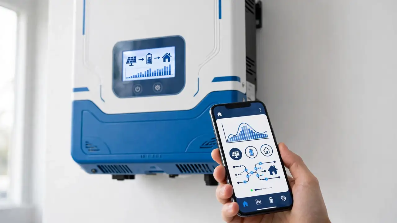 Monitoring a hybrid solar inverter through its display and smartphone app