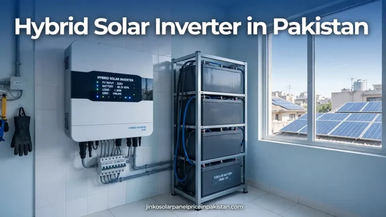 Hybrid solar inverter in Pakistan guide: wall-mounted hybrid inverter with tubular battery bank and rooftop solar panels