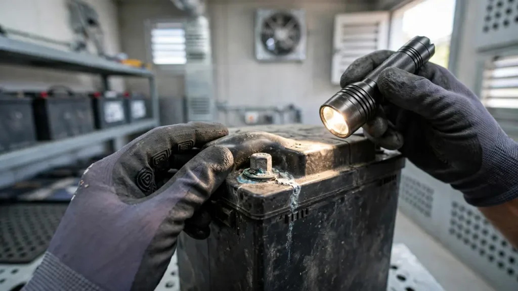 Inspecting a used solar battery for swelling, leaks and terminal corrosion before buying