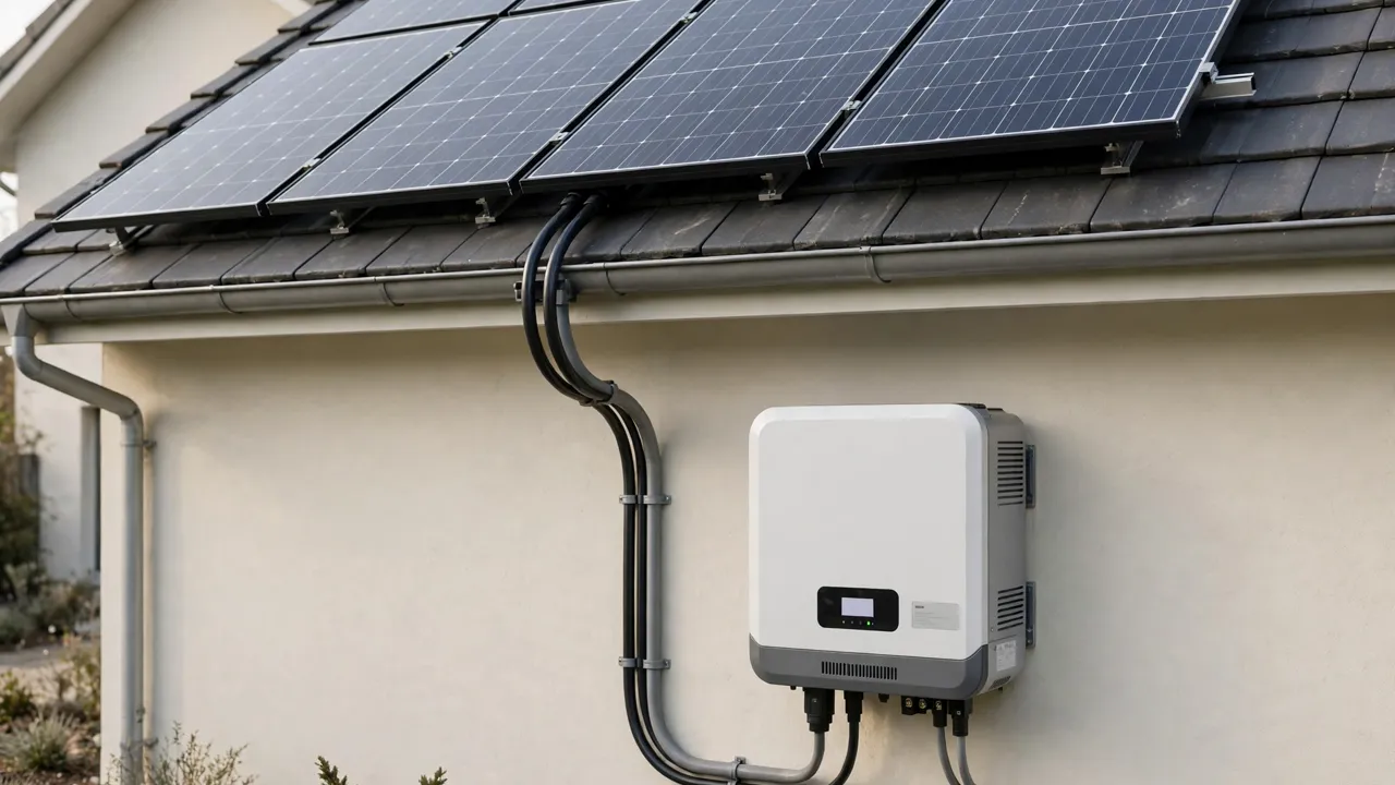 Array-to-inverter ratio diagram: solar panels feeding DC power into a wall-mounted inverter sized with the DC-to-AC ratio method
