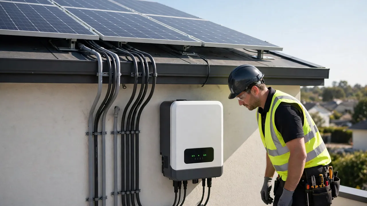 What Size Inverter Do You Need for a 5kW Solar System? 3 Rooftop solar panels connected to a solar inverter showing DC to AC conversion