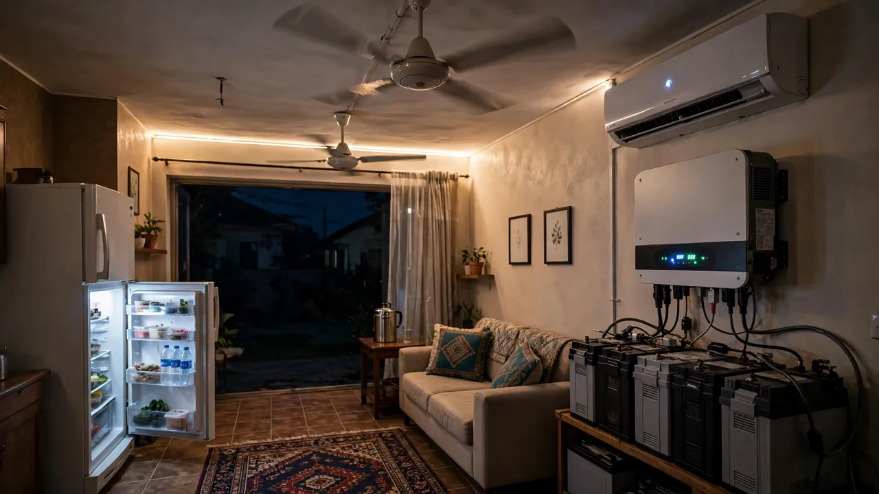 Home backup load sizing: ceiling fans, lights, refrigerator and air conditioner connected through a hybrid inverter during load shedding
