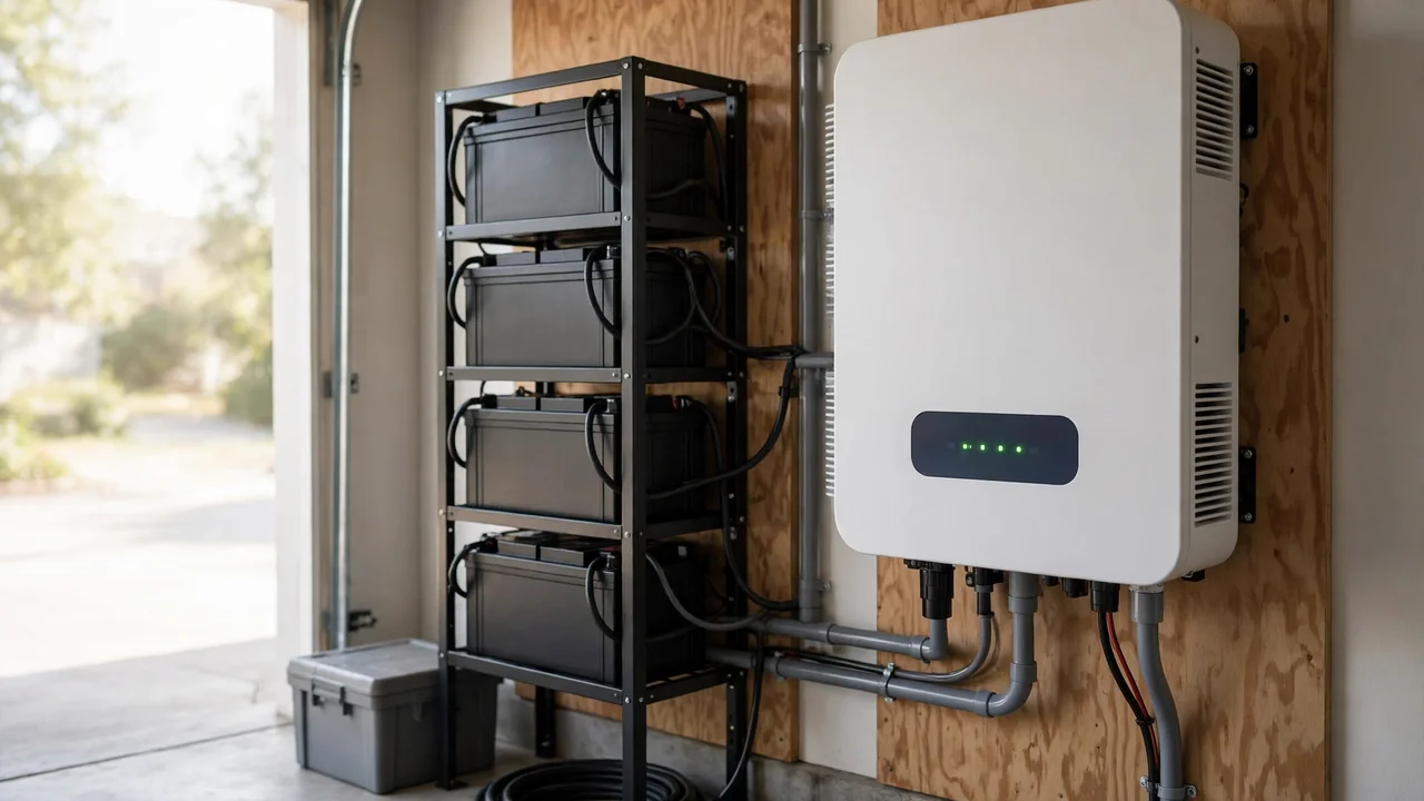 IP65 vs IP21 Solar Inverter: Which One Do You Need? 3 Indoor inverter installed on a garage wall beside a battery bank