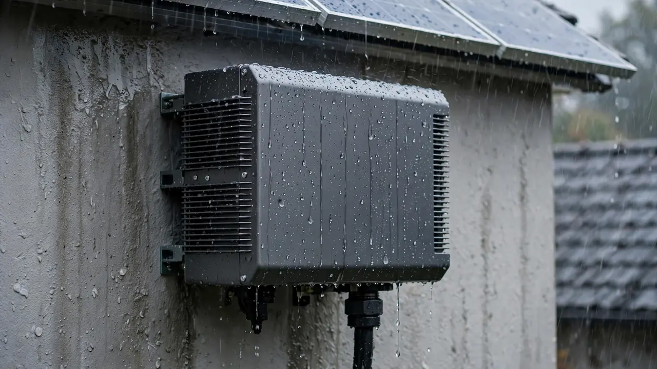 IP65 vs IP21 Solar Inverter: Which One Do You Need? 2 Sealed outdoor inverter mounted on an exterior wall in rain