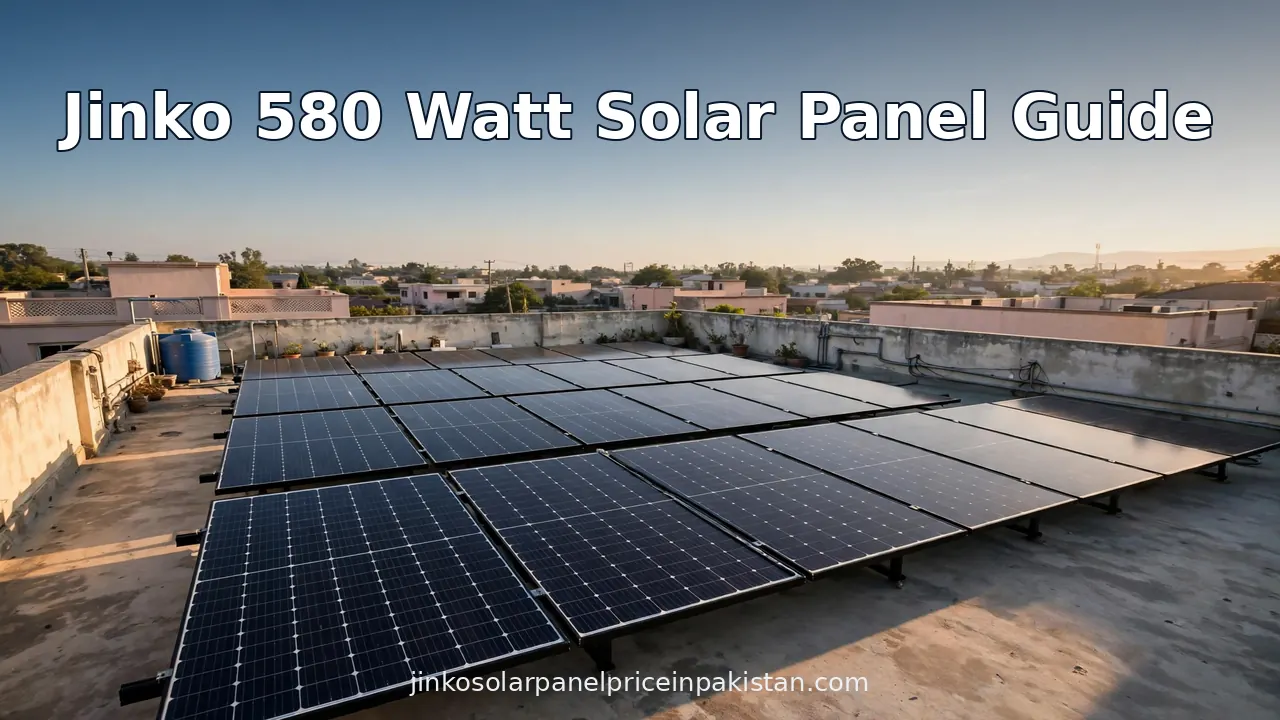 Jinko 580 watt solar panel guide — rows of N-type solar panels on a Pakistani rooftop at golden hour