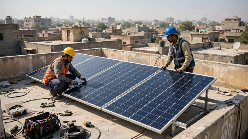 Workers installing Jinko 620W solar panels on a rooftop in Pakistan
