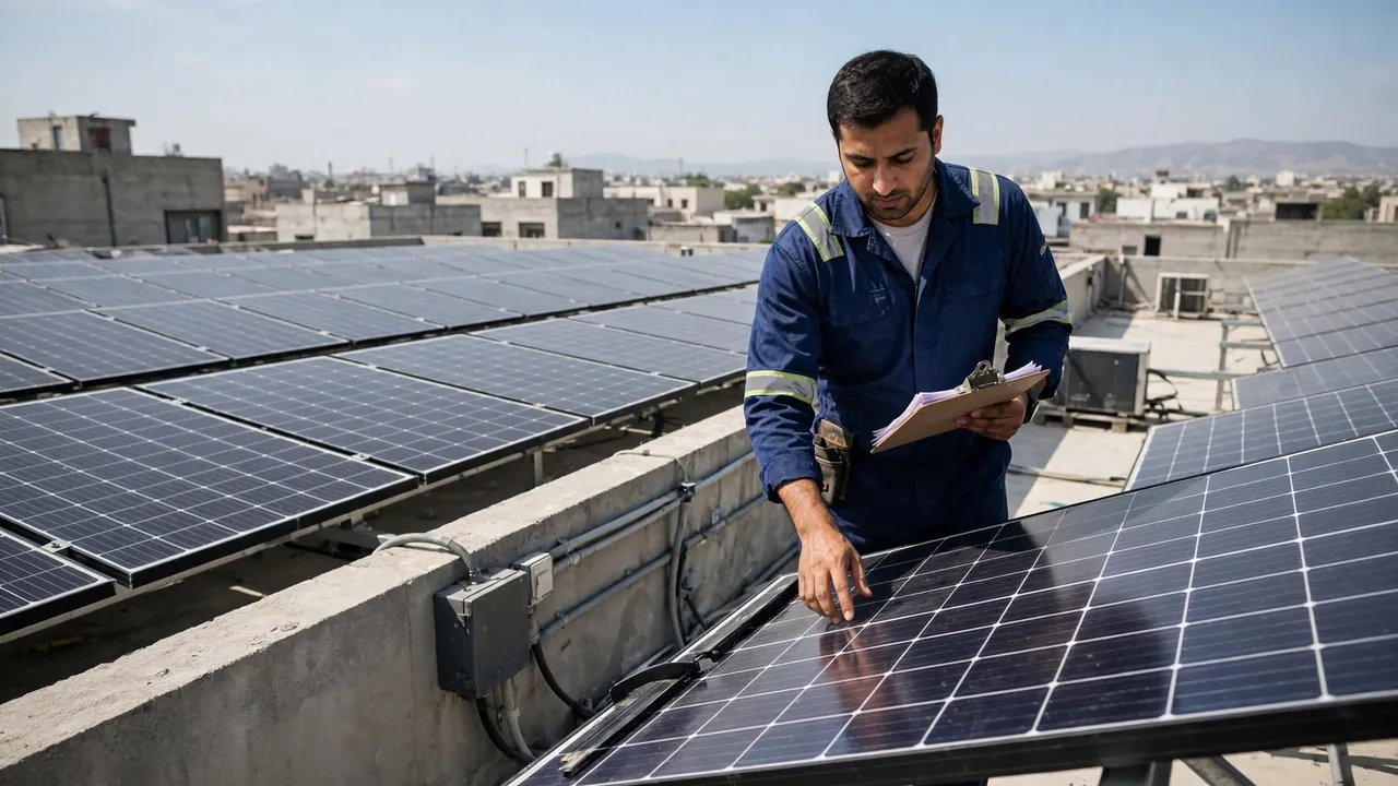 Jinko Solar Panel Warranty in Pakistan: Terms, Claim Process and Tips 2 Technician inspecting rooftop solar panels with documents during a warranty assessment