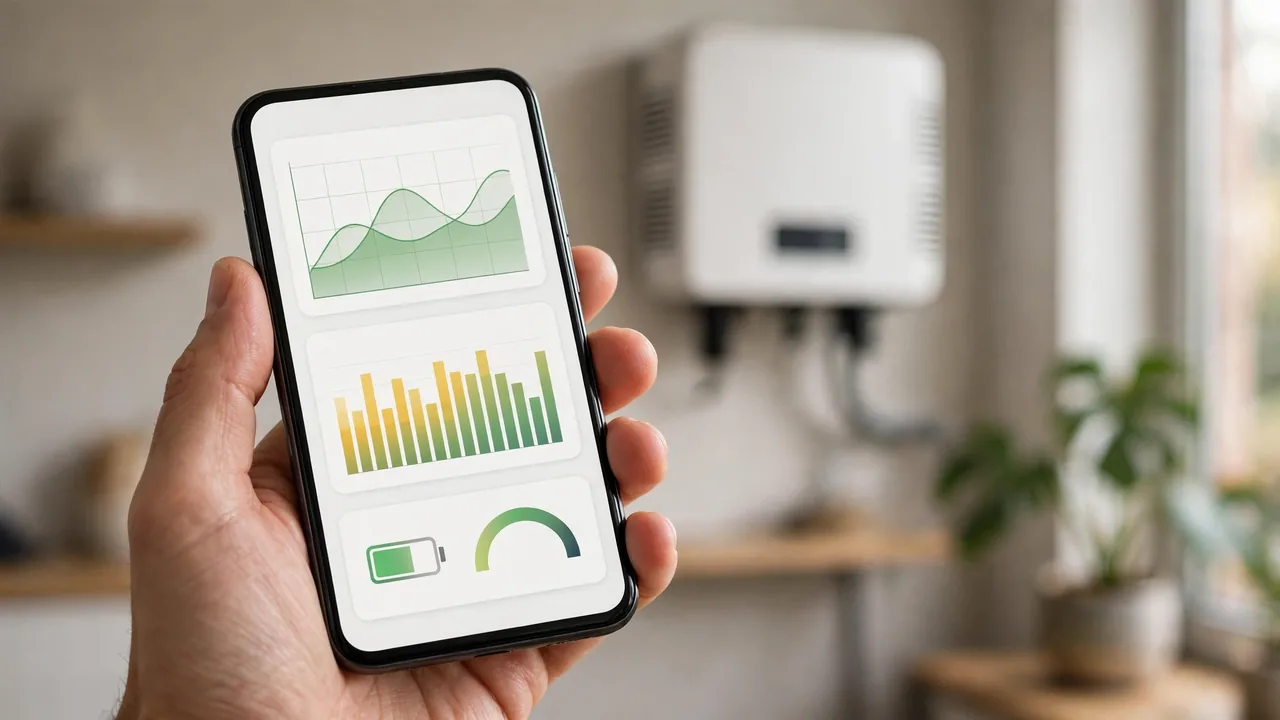 Hand holding a smartphone with a solar monitoring app while a Knox-style inverter is mounted on the wall
