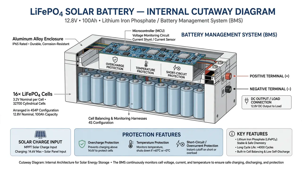 LiFePO4 battery with built-in BMS Diagram showing a lithium iron phosphate battery with its built-in battery management system