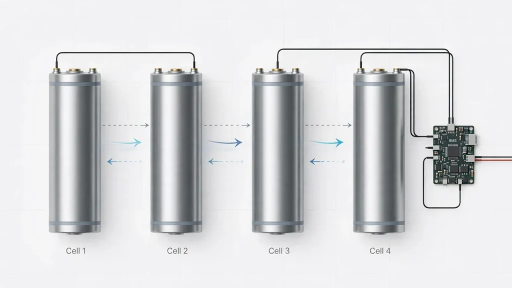 Diagram-style view of lithium battery cells being balanced by a BMS circuit board