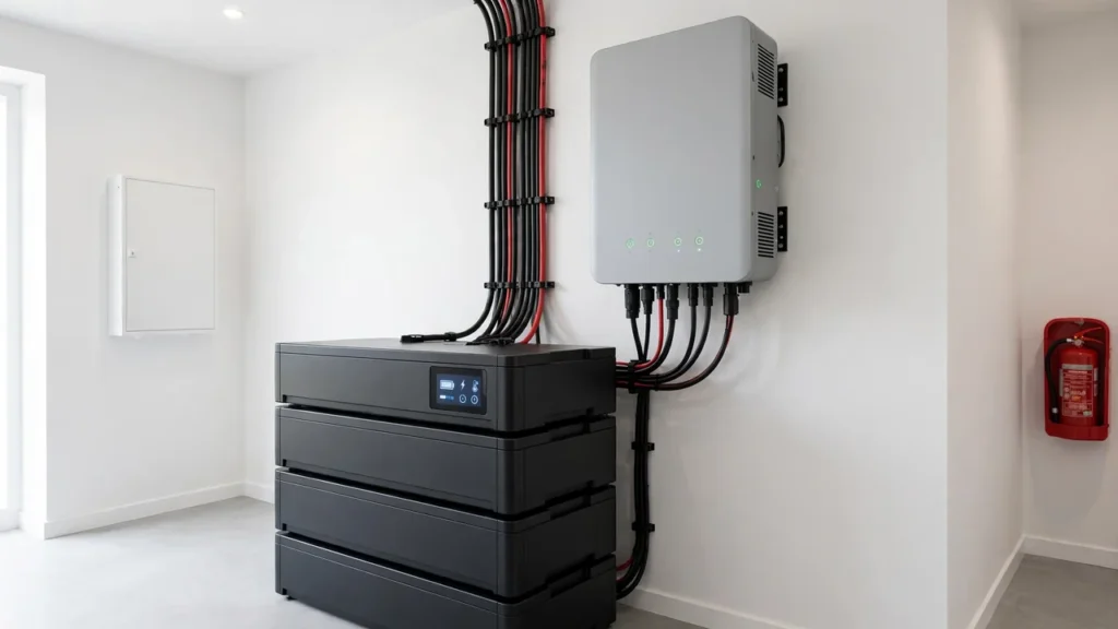 Home solar battery bank with BMS monitoring connected to a hybrid inverter