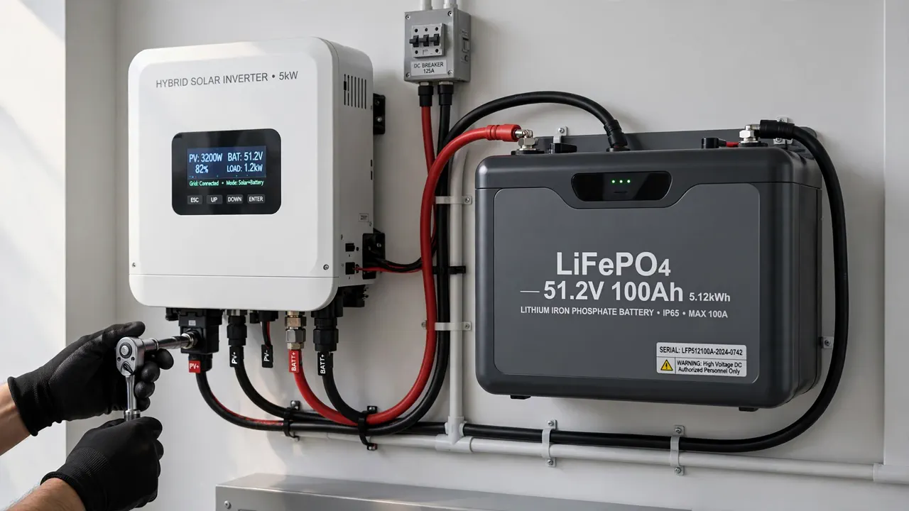 Wall-mounted lithium battery connected to a hybrid solar inverter during installation