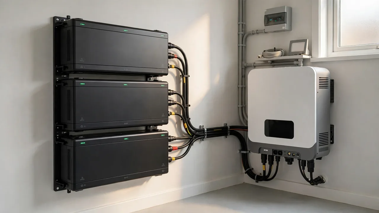 Lithium battery with hybrid inverter installation Wall-mounted lithium battery connected to a hybrid inverter in a home installation