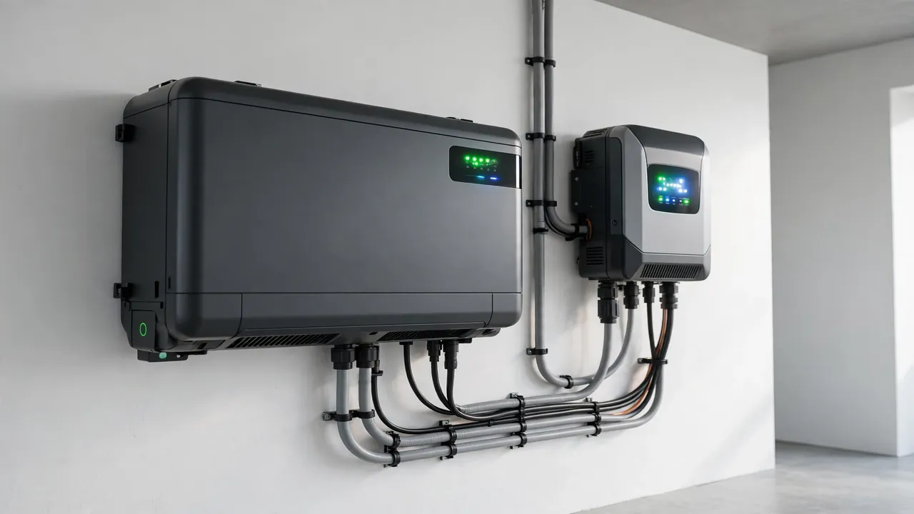 Wall-mounted lithium LiFePO4 battery installed next to a compact hybrid inverter