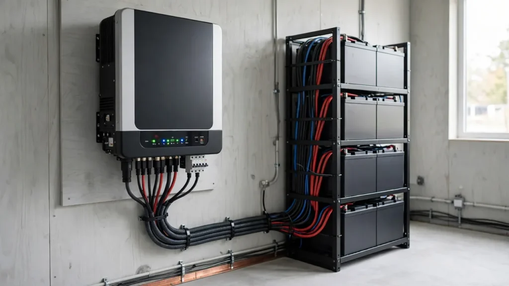 Wall-mounted off-grid inverter connected to a battery bank in a tidy utility room